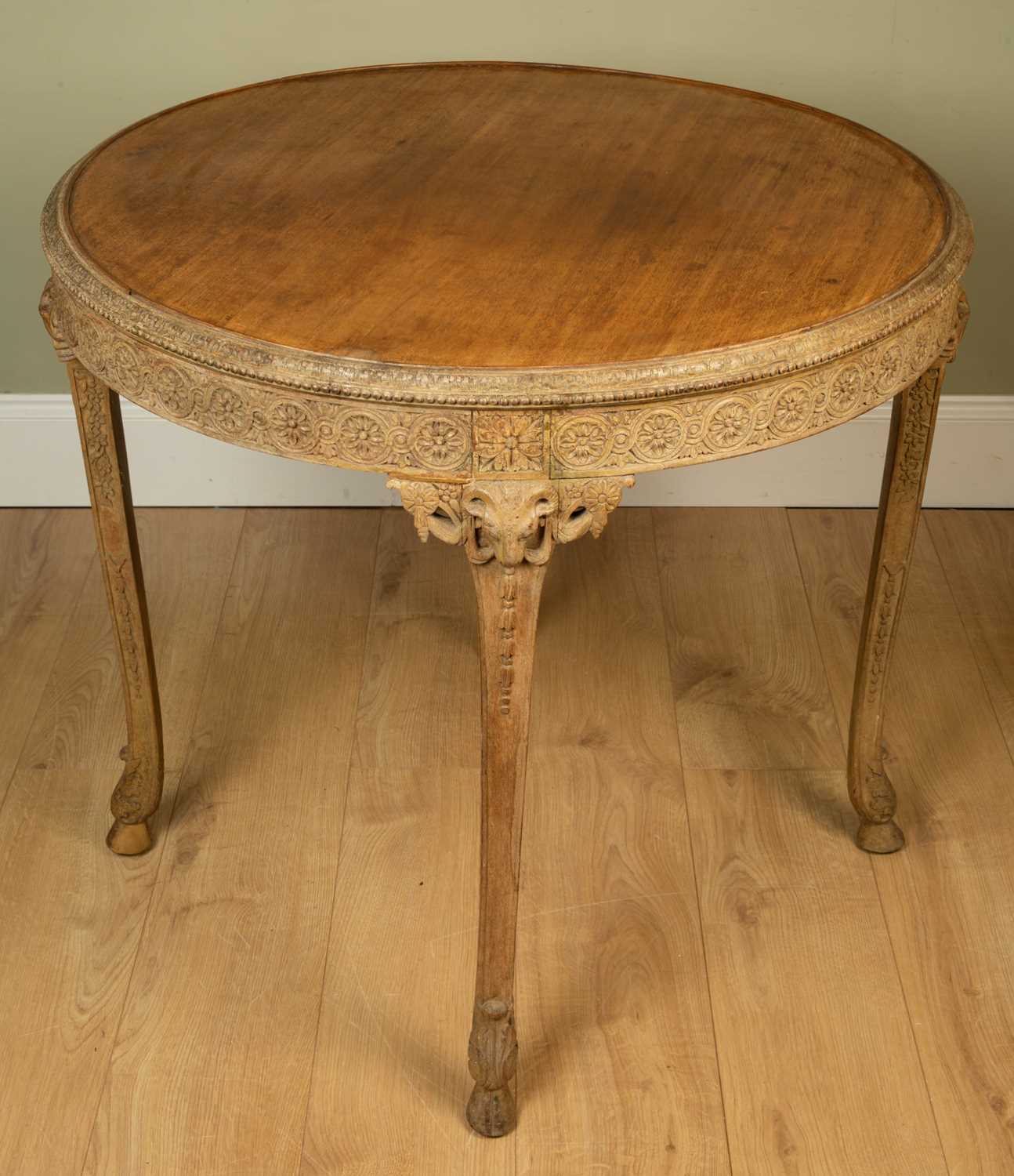 A circular Adam style occasional table with carved wooden edge, rams mask ornament and the legs - Image 3 of 4