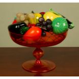 A glass bowl of glass fruit, the bowl 20cm diameterAll in good condition, the grapes wax and with