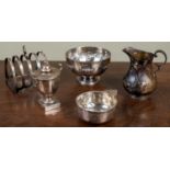 Five silver items consisting of a toast rack, a lidded vase, 2 bowls, and a cream jug, 511.8 grams