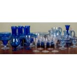 A group of decorative glassware consisting of ten blue glass Sunday dishes, 12.5cm diameter; a group