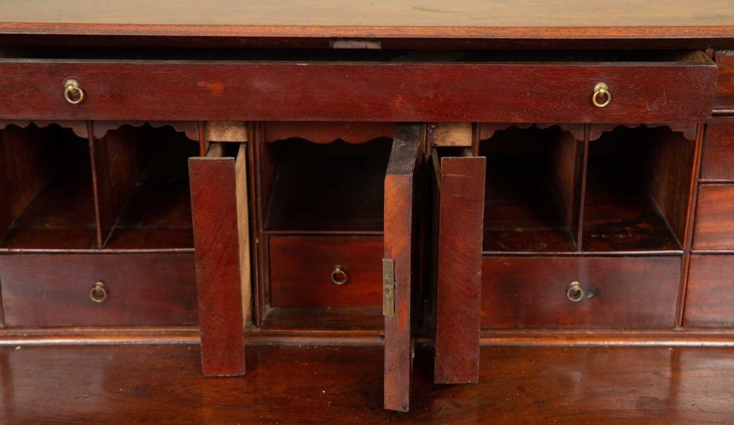 A George III mahogany bureau the fall front enclosing a fitted interior with drawers and pigeon - Image 3 of 12