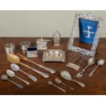 Silver to include, a Victorian caddy spoon, a Dutch caddy spoon, a condiment set, teaspoon, an