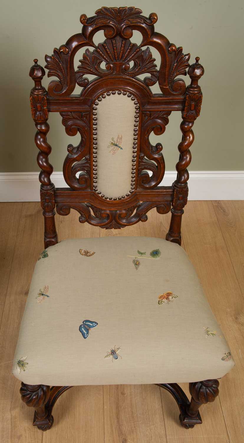 A pair of 19th century oak side chairs with carved decoration and upholstered backs and seats, - Image 5 of 9