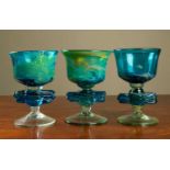 Designed by Michael Harris at Mdina Glass Malta Three studio glass chalices, with knopped stem work,