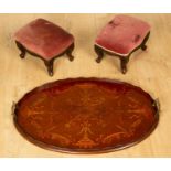 A pair of footstools and a 19th century mahogany tray with inlaid decoration, 71cm wide (3)Gallery
