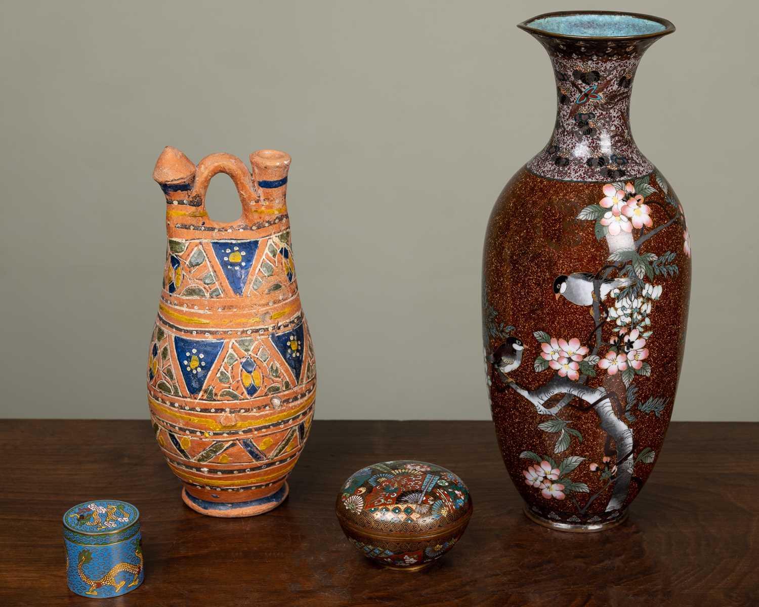 An antique cloisonné vase, the gold ground decorated with birds amongst prunus blossom, 34cm high; - Image 2 of 6