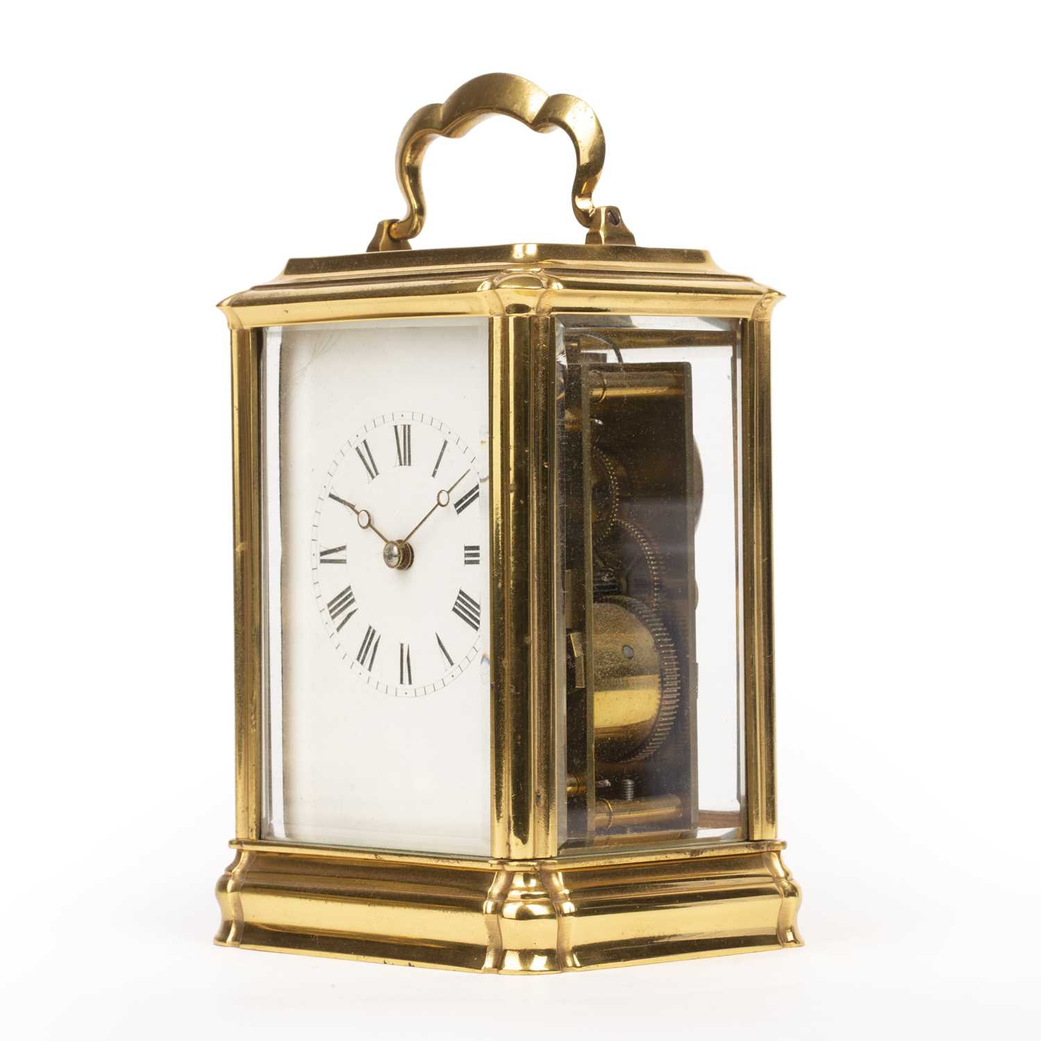 A 19th century French gilt brass carriage clock with white enamel Roman dial and Breguet hands, - Image 5 of 5