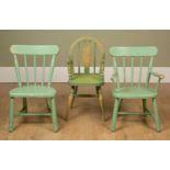 Three painted child's chairs, the largest 39cm wide x 28cm deep x 58cm high