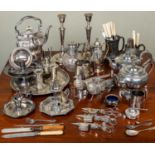 A quantity of silver plate, chambersticks, a salver, kettle and stand etcAll with marks and dents
