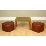 Two leatherette stools or pouffes, 42cm square x 27cm high; together with a vintage Heelas Ltd stool