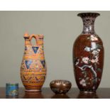 An antique cloisonné vase, the gold ground decorated with birds amongst prunus blossom, 34cm high;