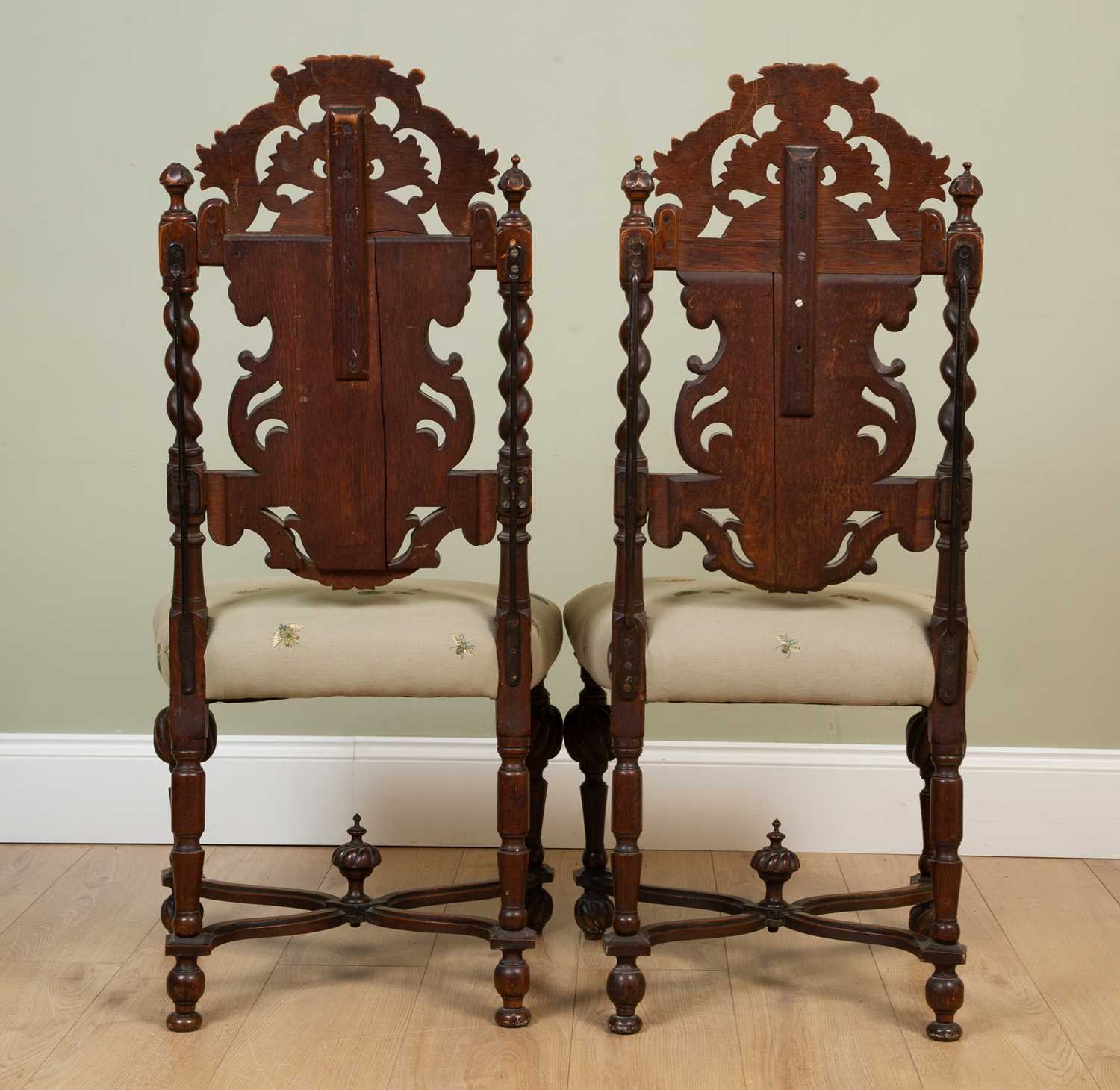 A pair of 19th century oak side chairs with carved decoration and upholstered backs and seats, - Image 7 of 9