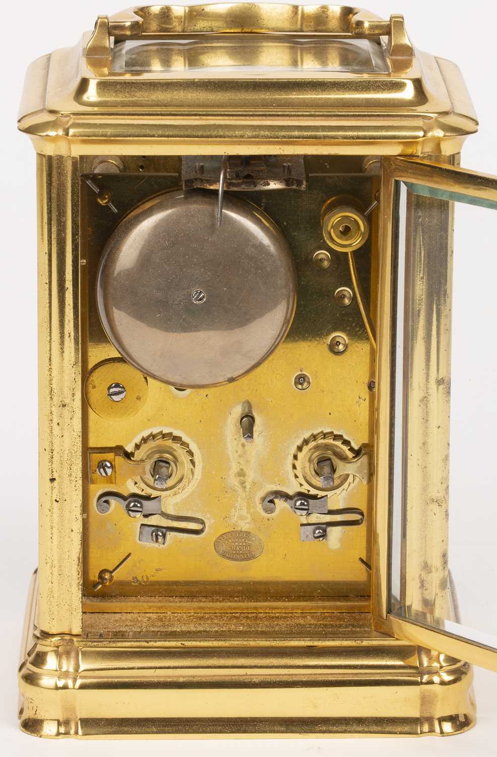 A 19th century French gilt brass carriage clock with white enamel Roman dial and Breguet hands, - Image 3 of 5