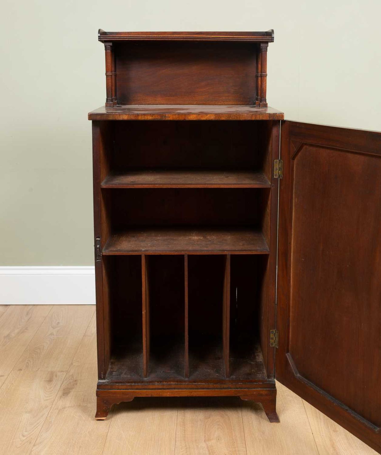 An early 19th century mahogany music cabinet with small shelf on ring turned supports above, the - Image 2 of 7