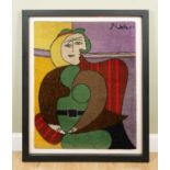 After Pablo Picasso, a framed art rug, Femme Assise Dans Un Fauteuil Rouge, 90cm x 112cm, the