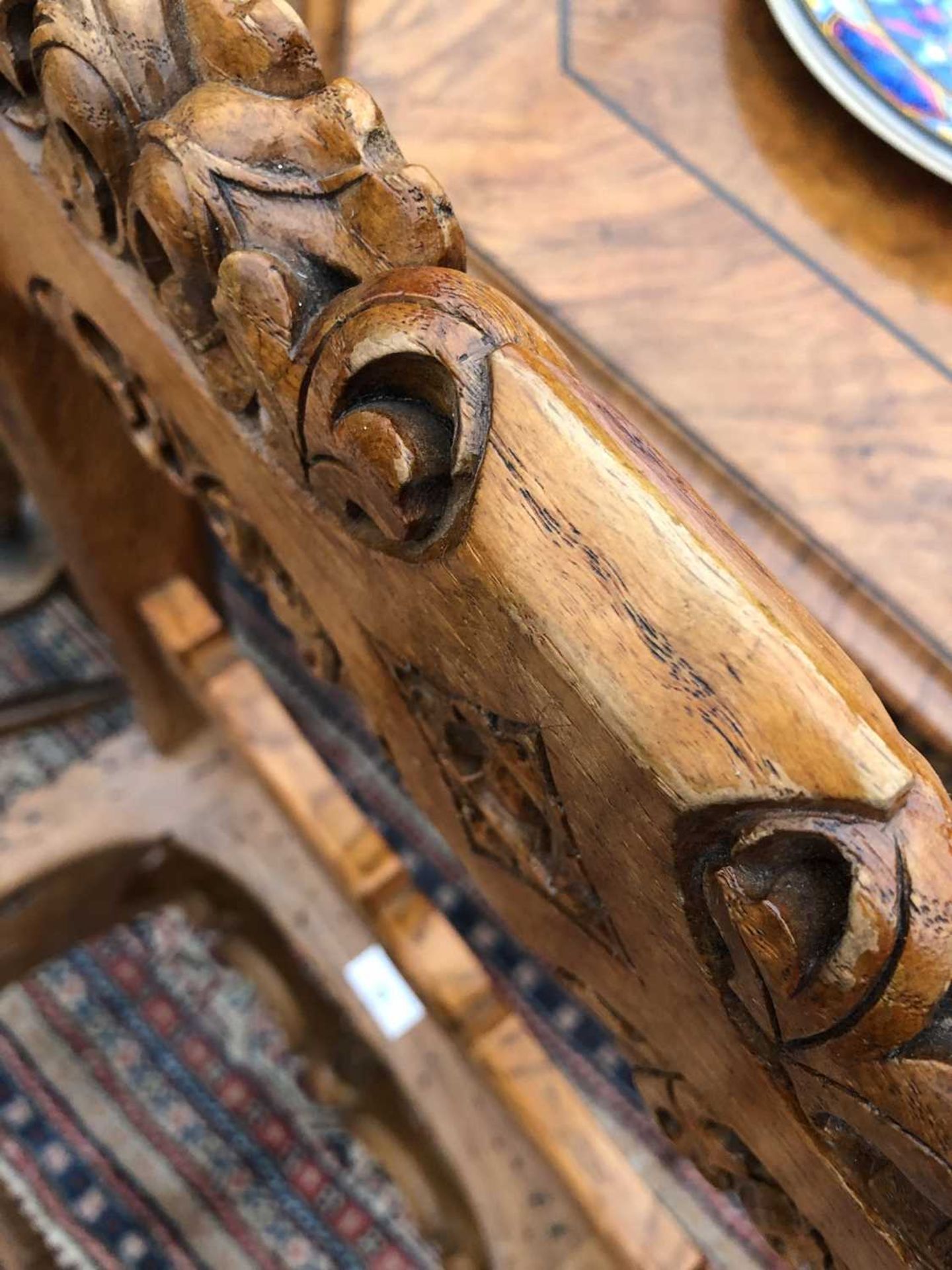 A Victorian oak side chair in the manner of Pugin with pegged carved bar back and X frame supports - Image 8 of 9