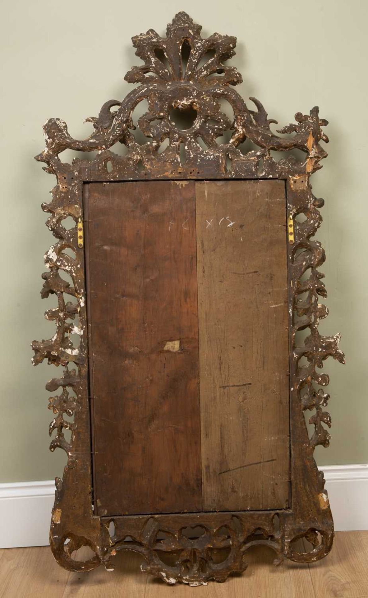 An 18th century carved giltwood pier glass or wall mirror with rocaille scroll crest and - Image 4 of 4