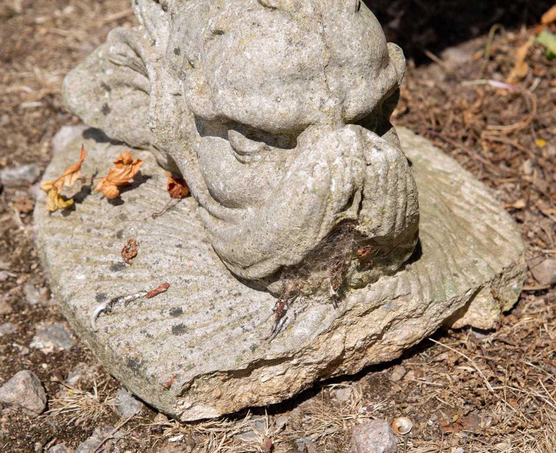 A cast reconstituted stone bird bath in the form of a shell supported by a dolphin, 52cm wide x 76cm - Image 3 of 5