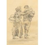 James Marshall Heseldin (1887-1969), a fisherman, his wife and child, pencil sketch, 9.5cm x 6.