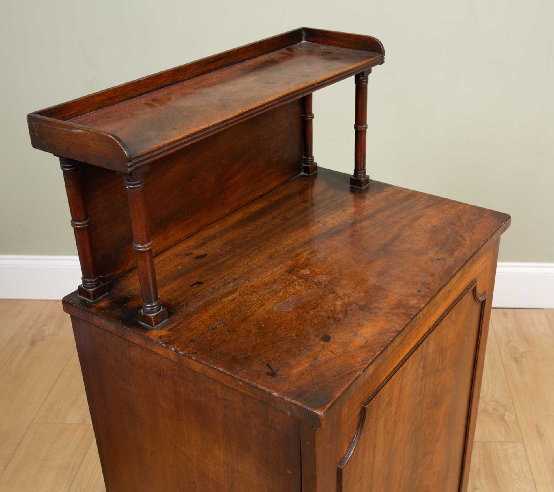 An early 19th century mahogany music cabinet with small shelf on ring turned supports above, the - Image 6 of 7