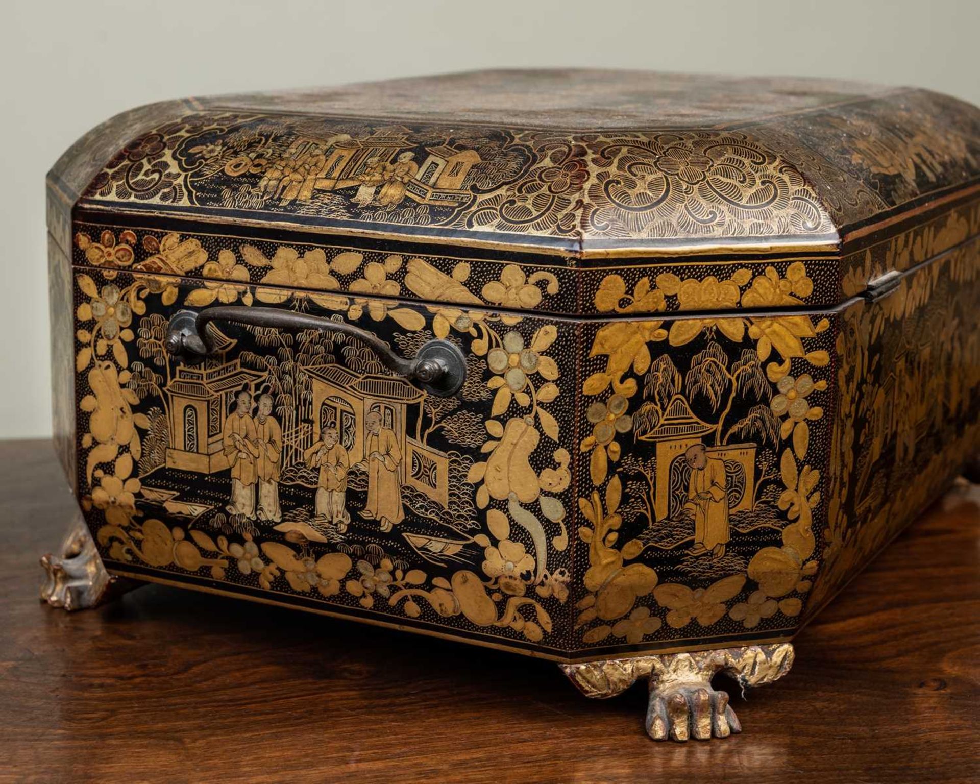 An antique Chinese lacquered work box with canted corners and carrying handles to the side, the - Image 6 of 7