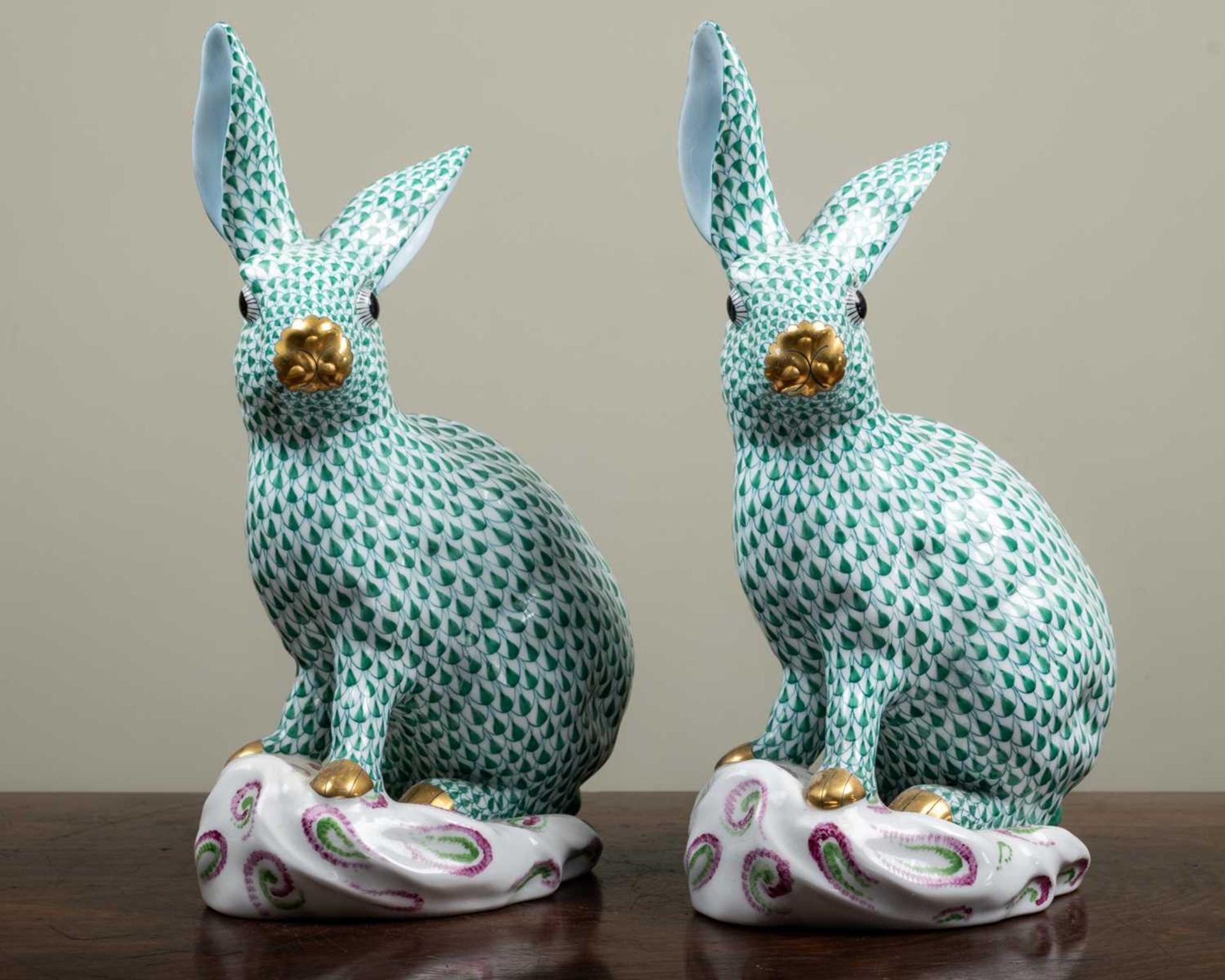 Two Herend porcelain rabbits, each 30cm high (2)Some minor marks to gilding on the nose of one