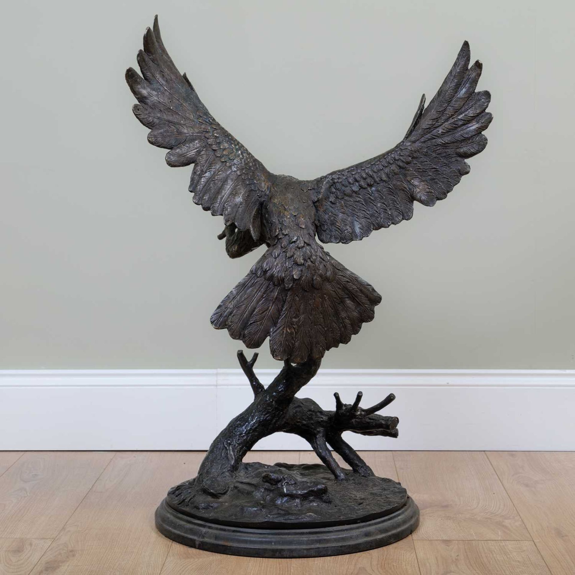 After Jules Moigniez (1835-1894) bronze sculpture of an owl with talons outstretched, on a - Image 2 of 2