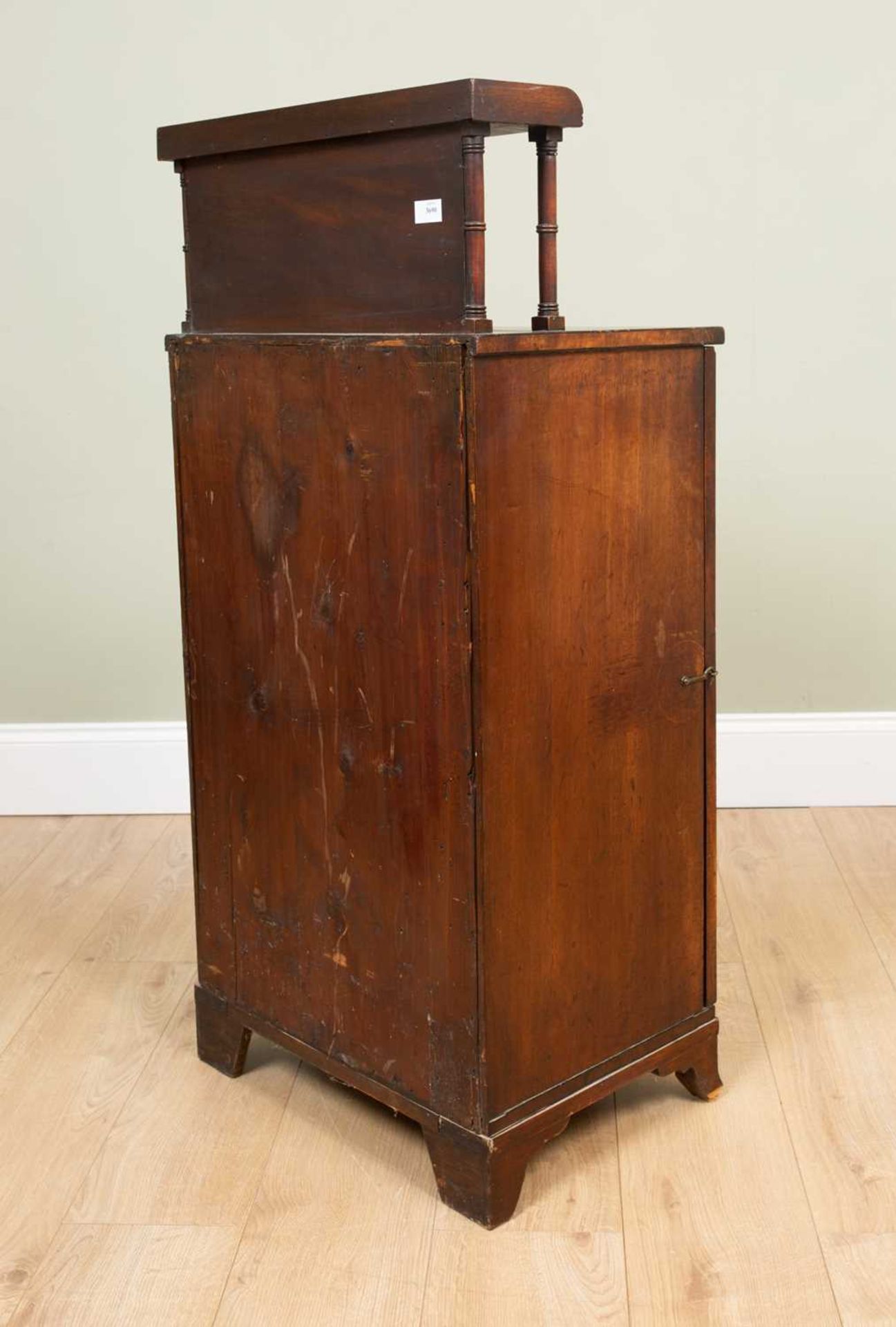 An early 19th century mahogany music cabinet with small shelf on ring turned supports above, the - Image 3 of 7