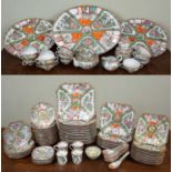 A Chinese Canton famille verte part dinner service, the square plates with canted corners,