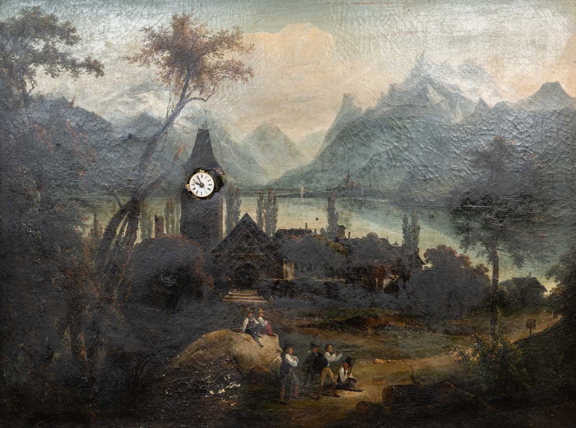 A 19th Century continental musical picture clock depicting hunters before a village on the edge of - Image 2 of 16