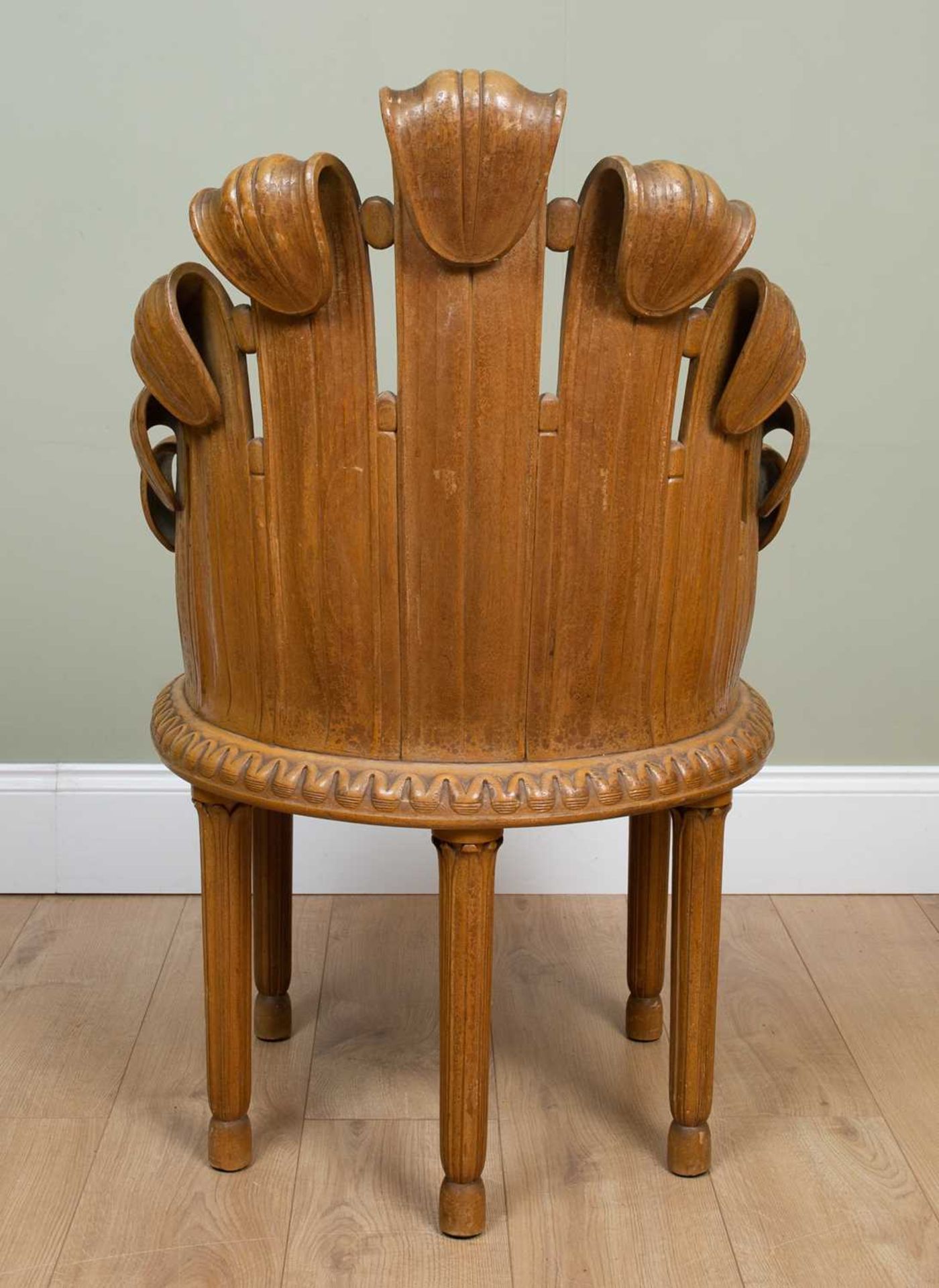 An Italian five-legged carved wood 'fan' chair with inset seat and reeded tapering legs, 60cm wide x - Image 3 of 3