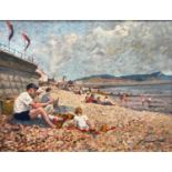 Yvonne Slade (Contemporary) 'The Sunday Morning Papers, Lyme Regis', oil on board, signed lower