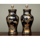 A pair of chinoiserie decorated papier-mâché table lamps of baluster form, 52cm high (2)Minor