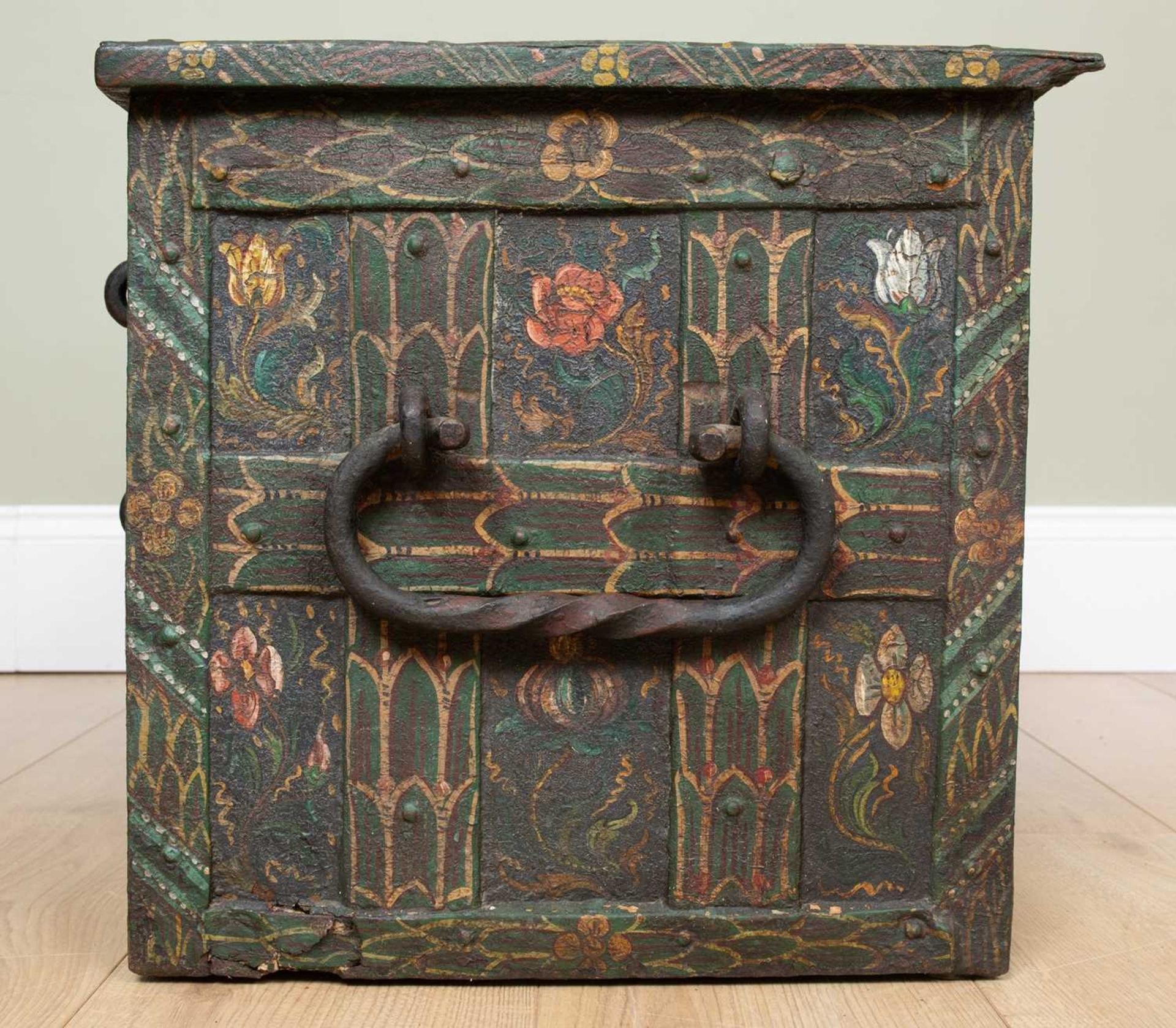A 17th/18th century German painted iron and strapwork Armada chest with carrying handles to the - Image 5 of 6