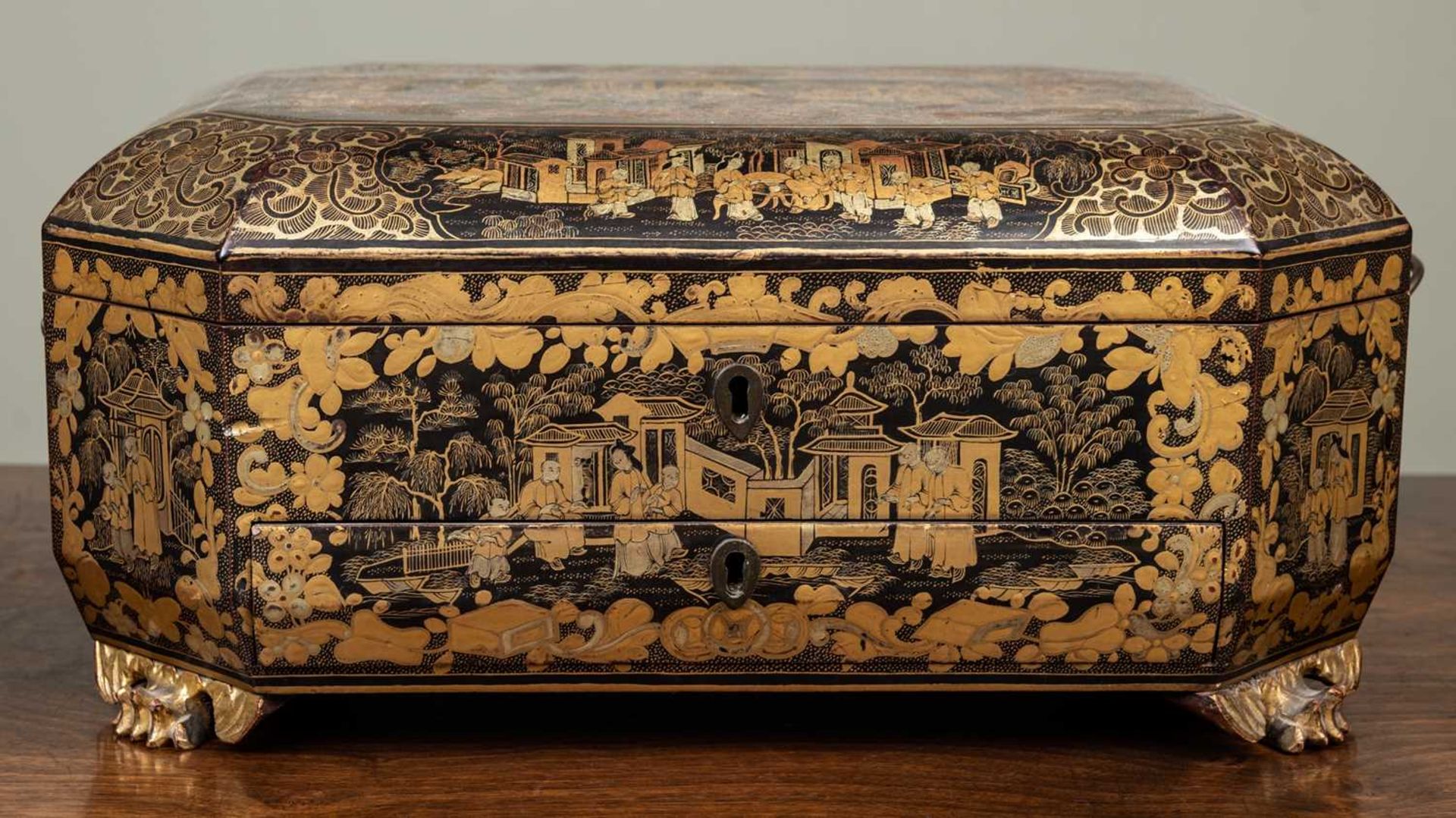 An antique Chinese lacquered work box with canted corners and carrying handles to the side, the - Image 5 of 7