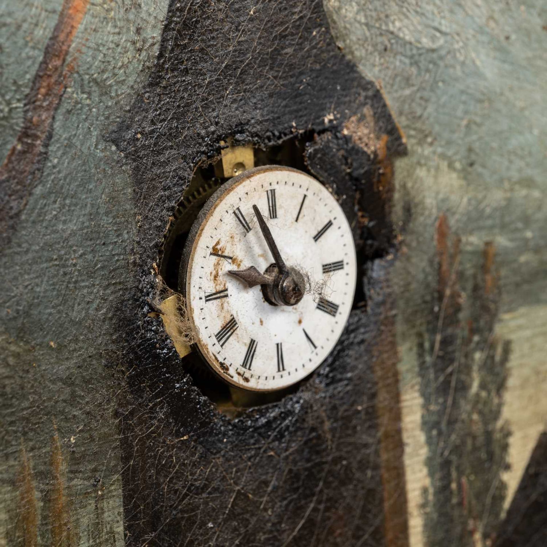 A 19th Century continental musical picture clock depicting hunters before a village on the edge of - Image 10 of 16