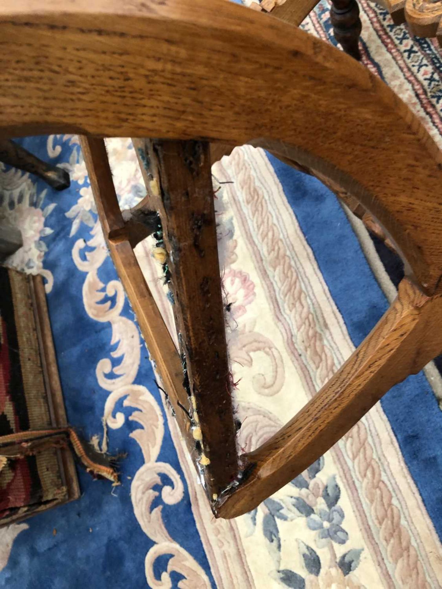 A Victorian oak side chair in the manner of Pugin with pegged carved bar back and X frame supports - Image 5 of 9