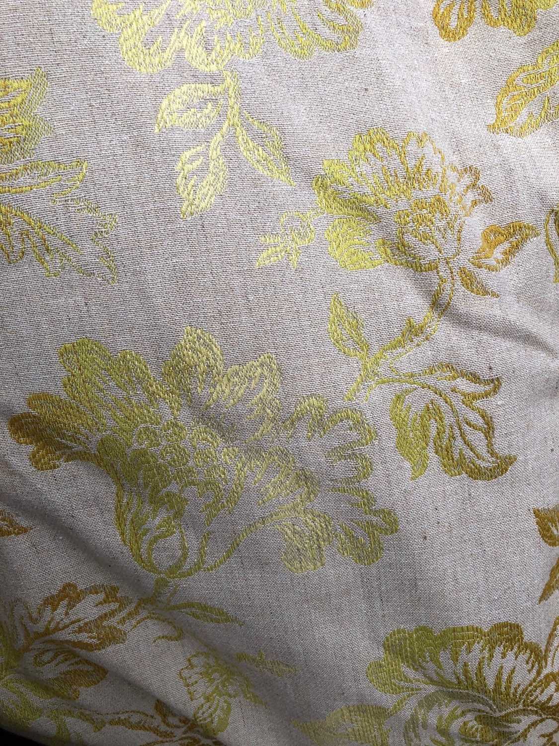 Two pairs of gold ground curtains with gold and yellow flowers together with one smaller pair, the