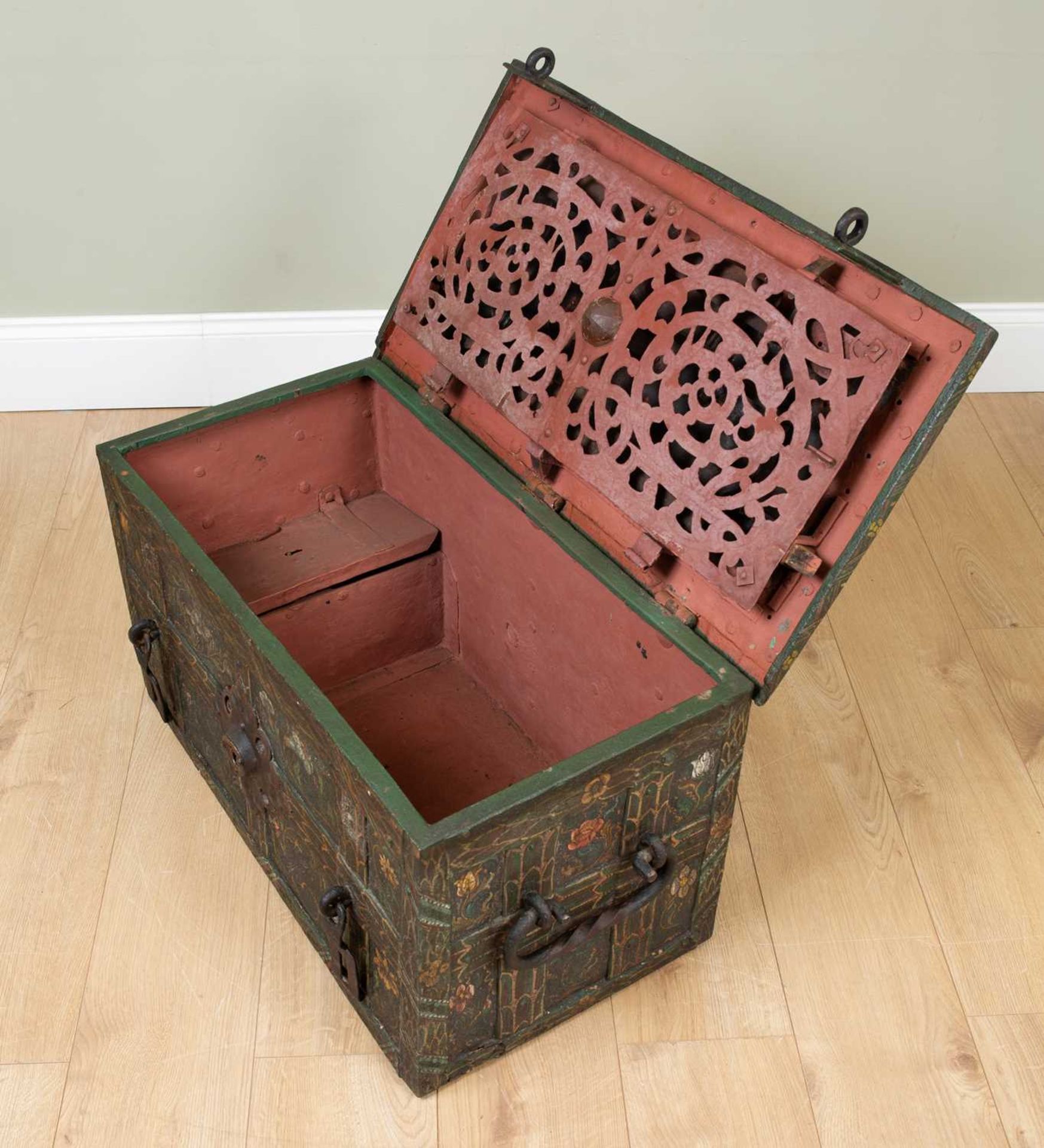A 17th/18th century German painted iron and strapwork Armada chest with carrying handles to the - Image 2 of 6