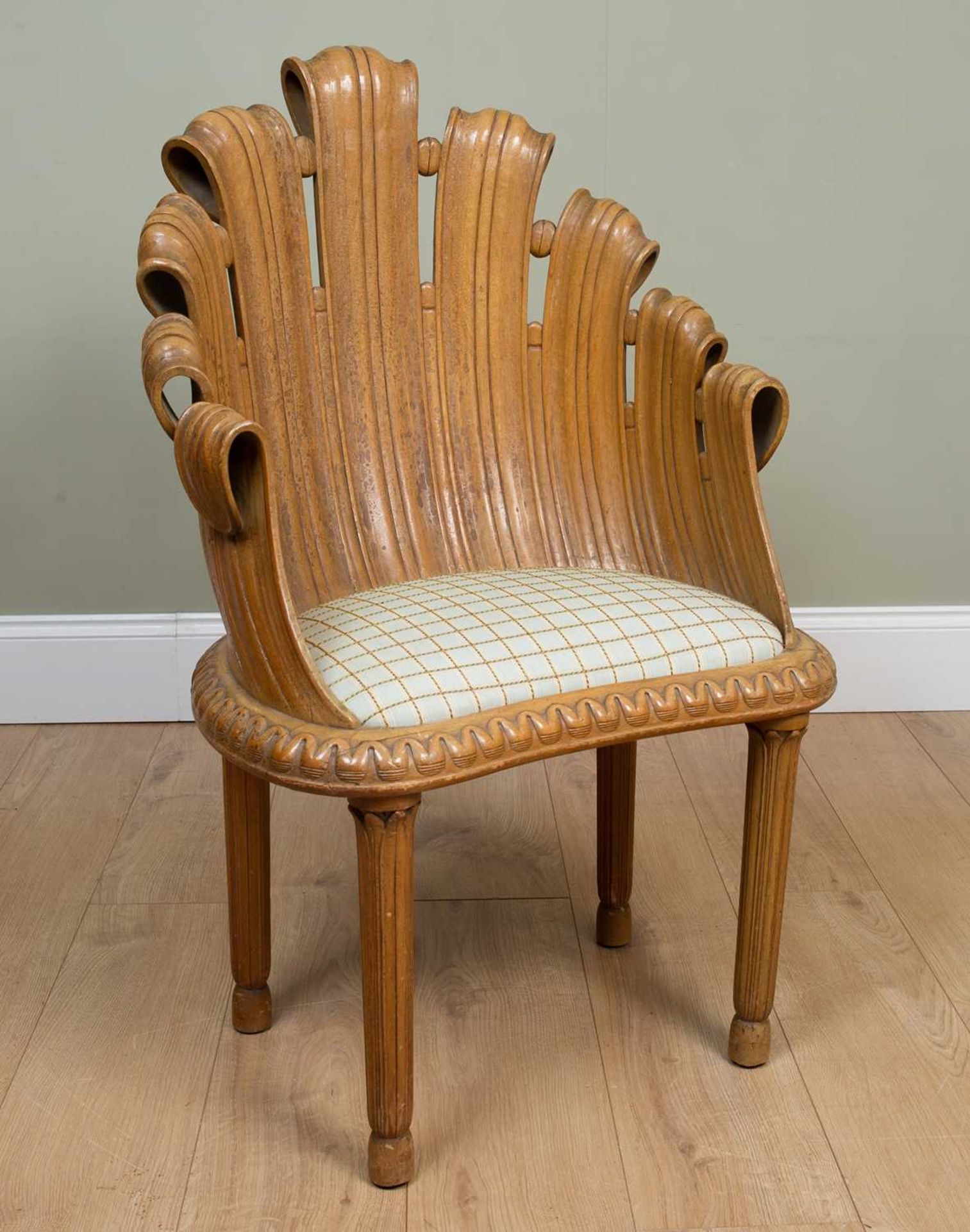 An Italian five-legged carved wood 'fan' chair with inset seat and reeded tapering legs, 60cm wide x - Image 2 of 3