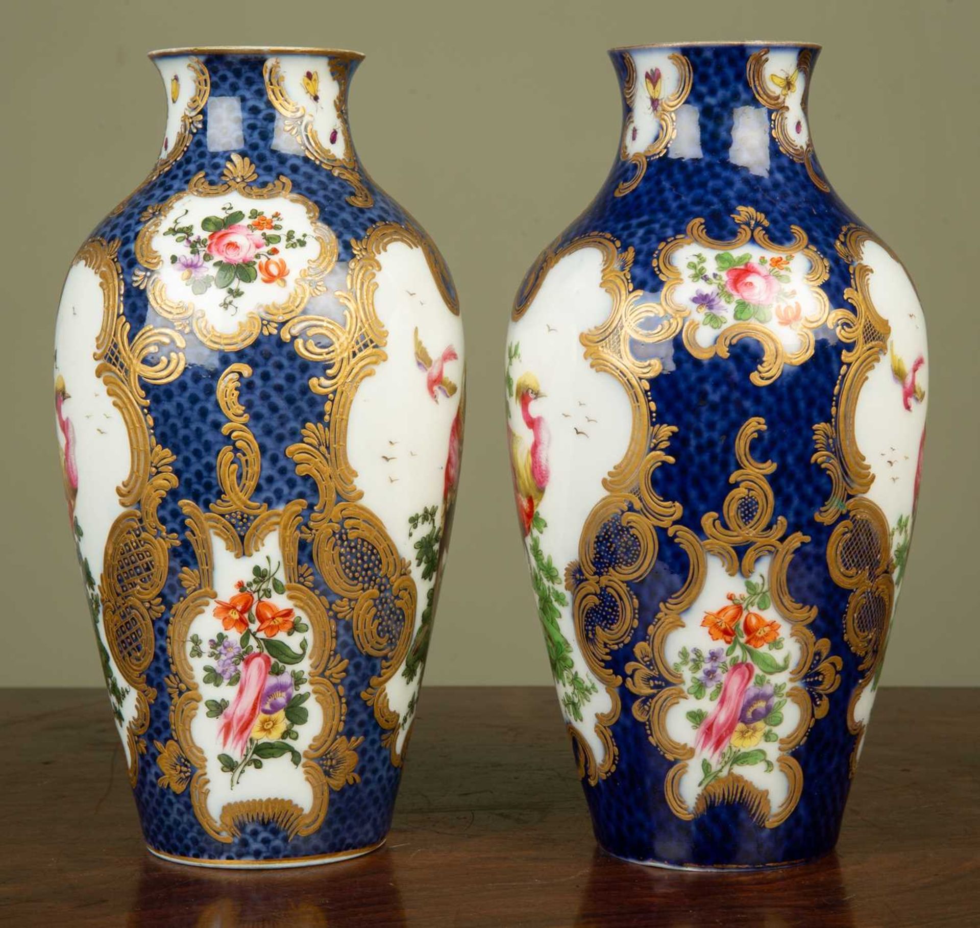 A pair of faux Worcester porcelain baluster vases decorated with exotic birds, probably Sampson, - Image 2 of 4
