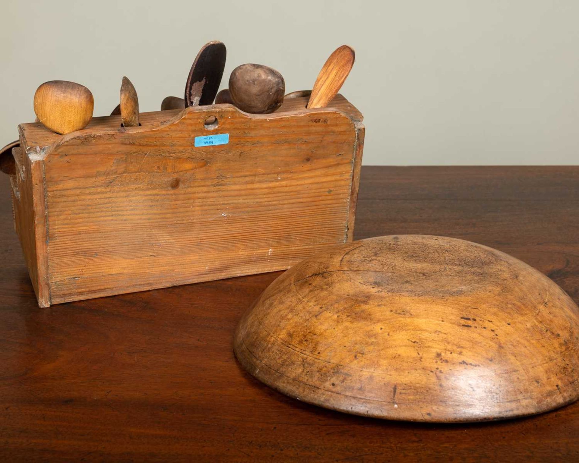 An antique sycamore dairy bowl, 37.5cm diameter; together with a pine spoon rack with a collection - Image 2 of 8