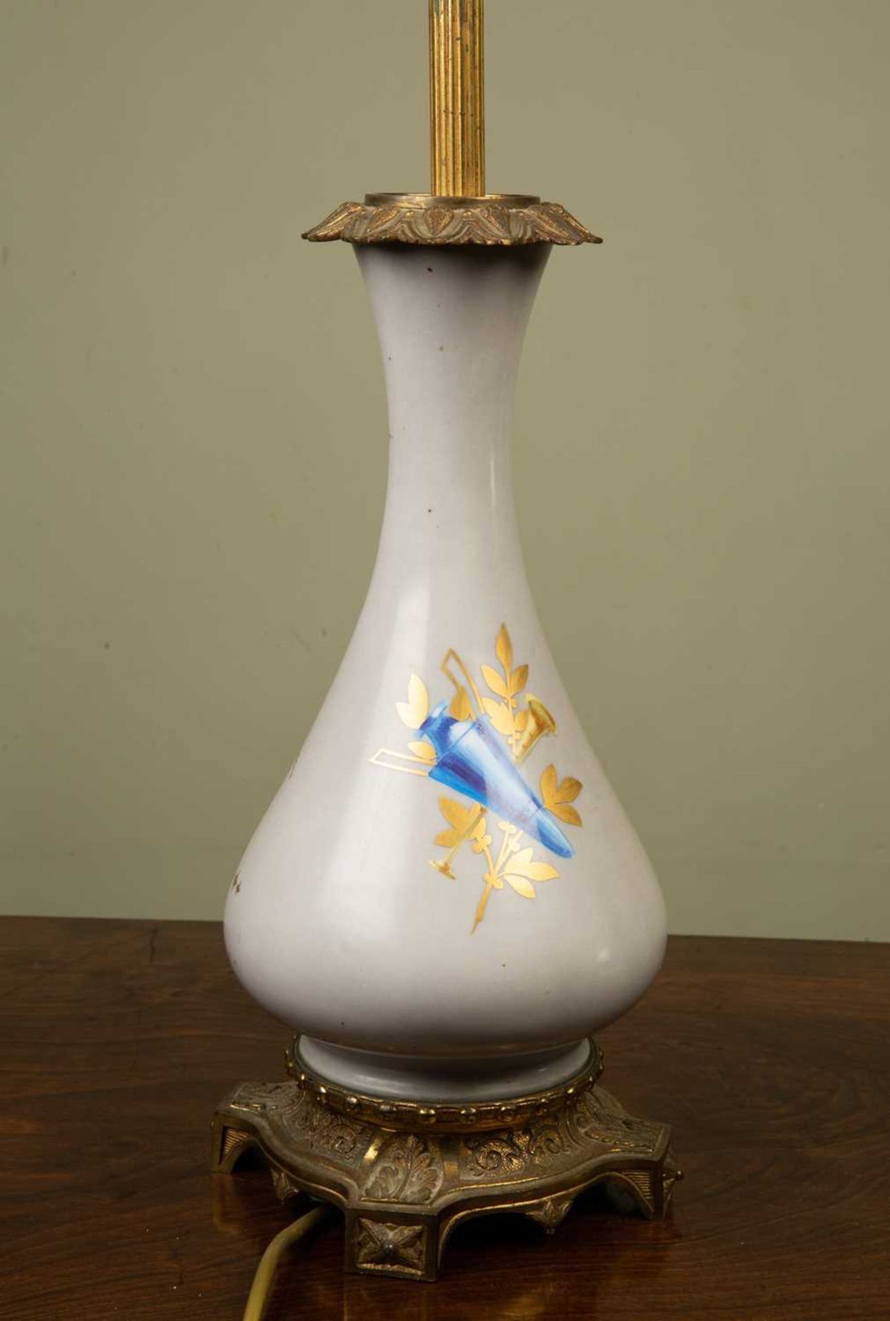 A continental porcelain oil lamp base of baluster form decorated with a classical female, in - Image 3 of 3