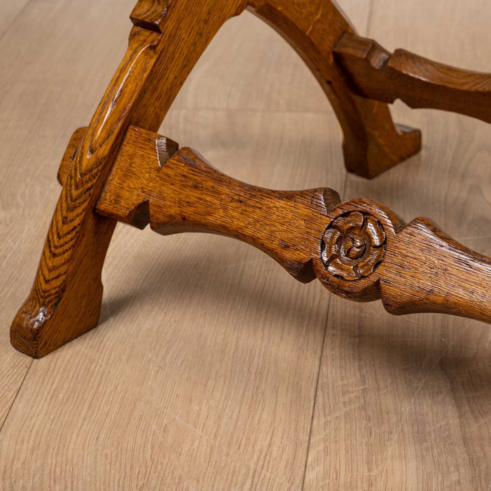 A Victorian oak side chair in the manner of Pugin with pegged carved bar back and X frame supports - Image 4 of 9