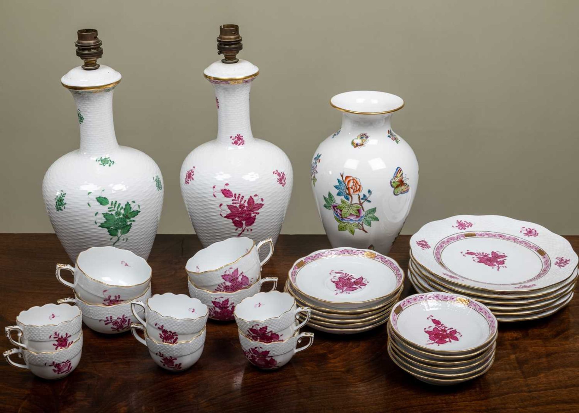 A group of Herend porcelain consisting of six espresso cups and saucers, four teacups and six