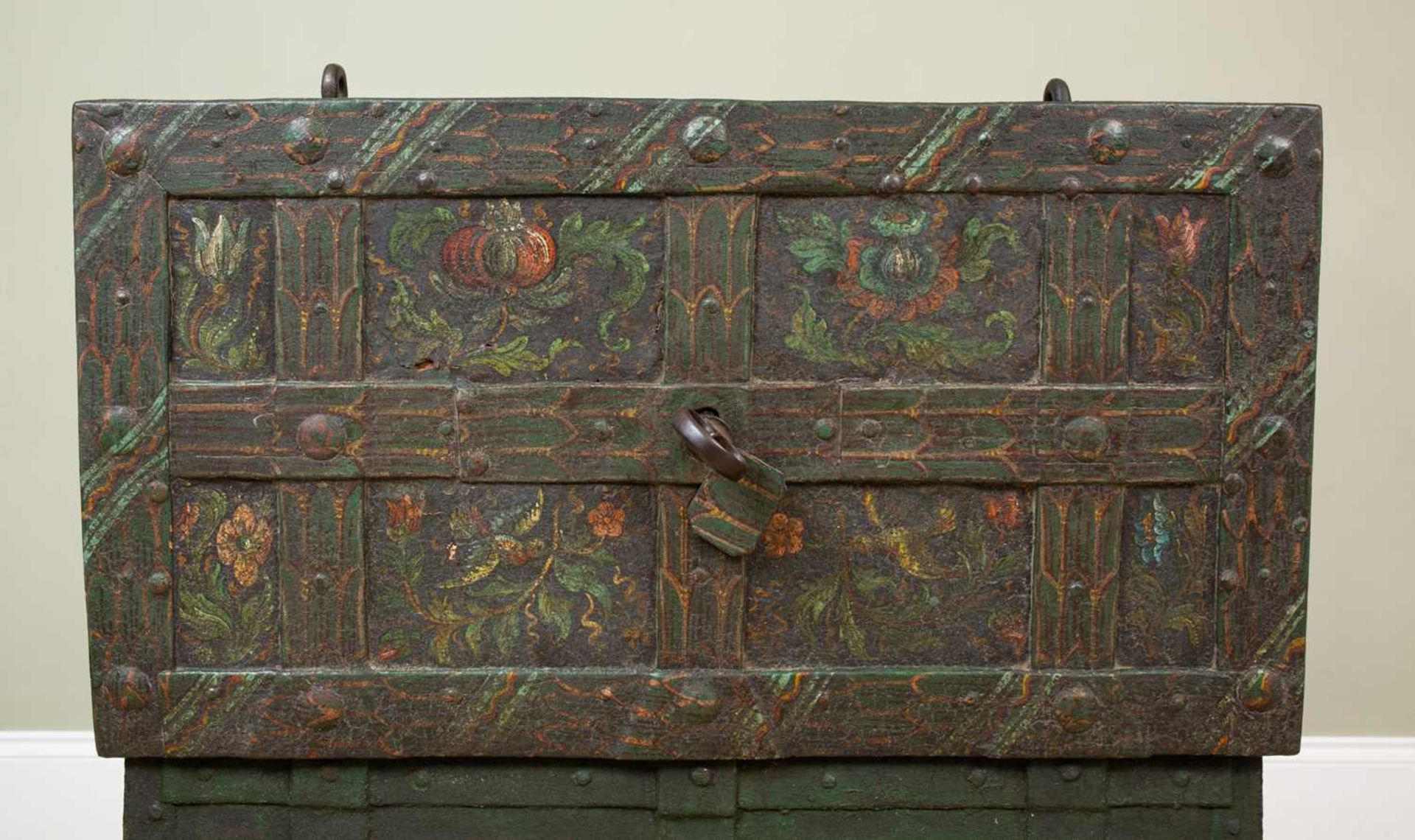 A 17th/18th century German painted iron and strapwork Armada chest with carrying handles to the - Image 4 of 6