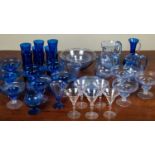 A group of decorative glassware consisting of ten blue glass Sunday dishes, 12.5cm diameter; a group