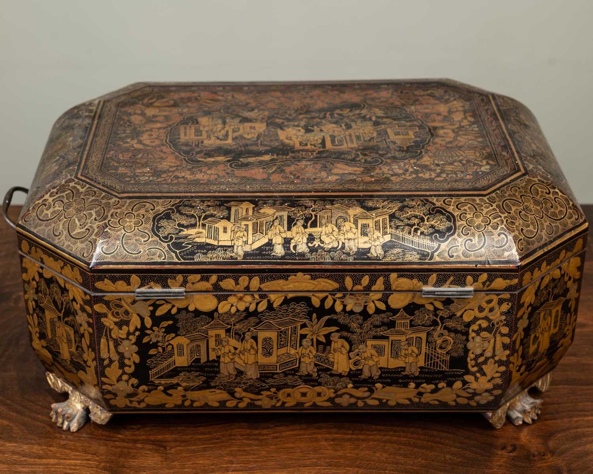 An antique Chinese lacquered work box with canted corners and carrying handles to the side, the - Image 4 of 7