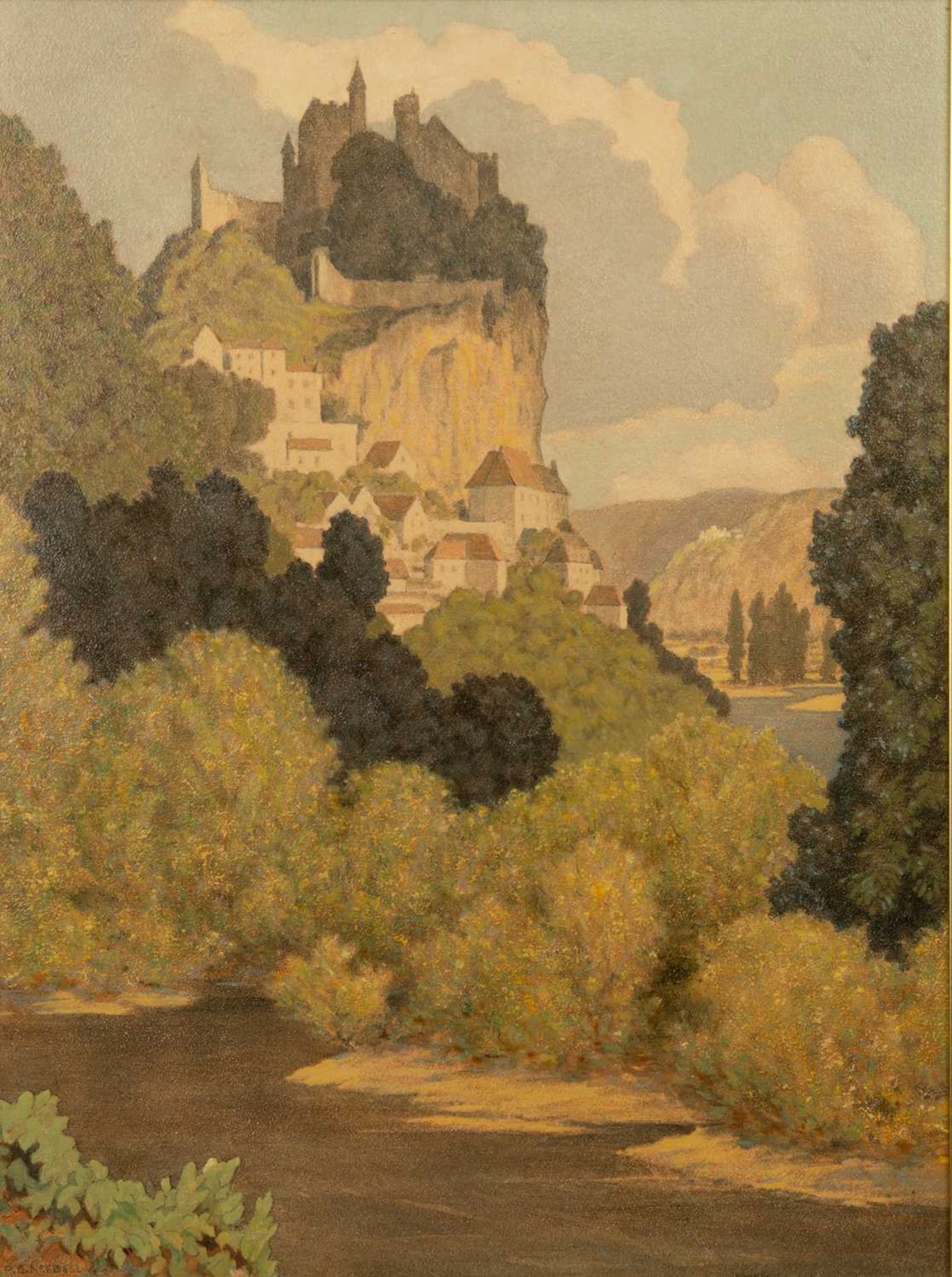 Philip Gregory Needell (1886-1974), view of Beynac, Dordogne, oil on board, signed lower right,