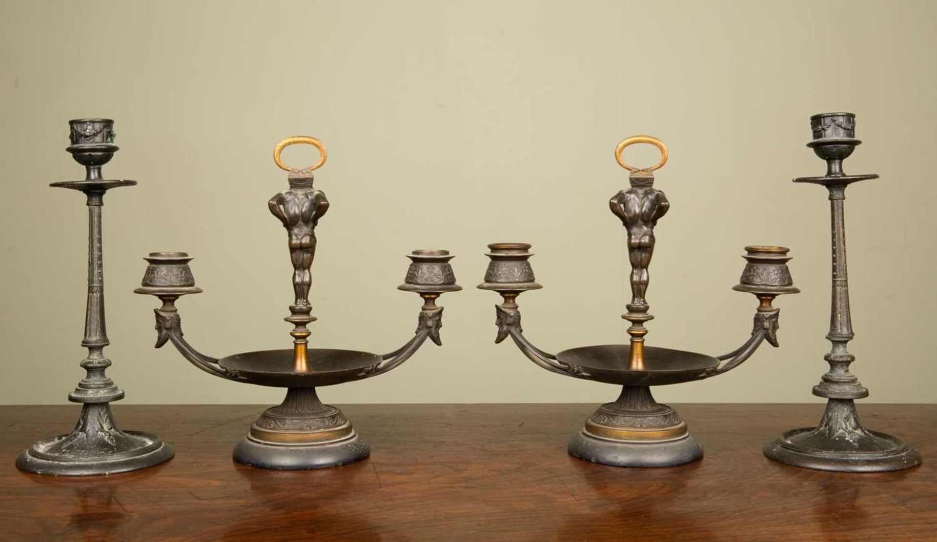 A pair of 19th century continental small candelabra in the classical form with central Atlas figures - Image 2 of 3